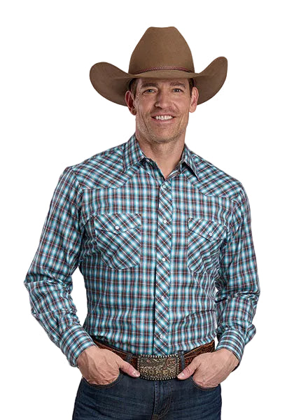 CL01-001-0101-4073 Roper Men's L/S 2 Pocket Snap- Plaid Turq/Brown