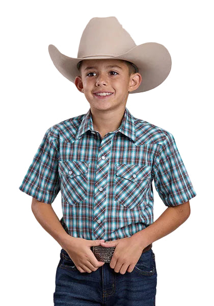 CL01-031-0101-4073 Boys Roper Shirt S/S- Turquiose/Brown Plaid