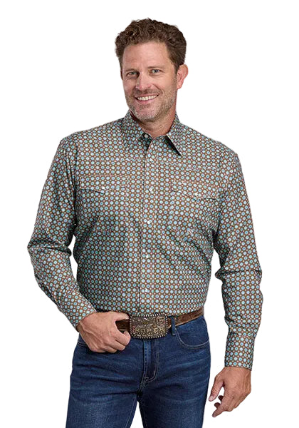 CL03-001-0225-4047 Roper Men's L/S 2 Pocket Snap-Canyon Foulard Print Turq/Brown
