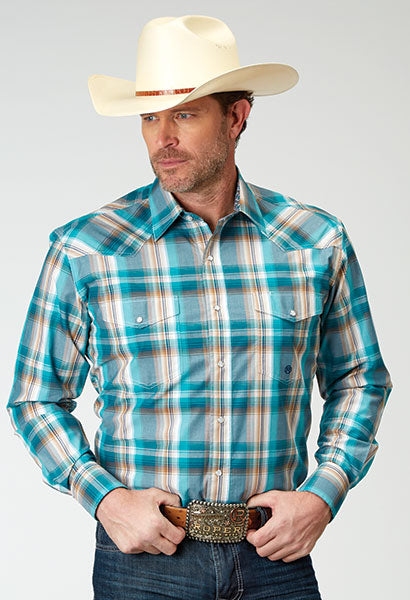 CL03-001-0278-2095-L Roper Shirt L/S Snaps-Waters Edge Plaid