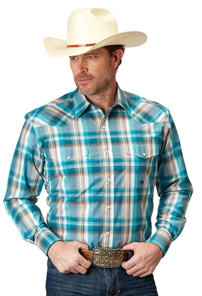 CL03-001-0278-2095-L Roper Shirt L/S Snaps-Waters Edge Plaid