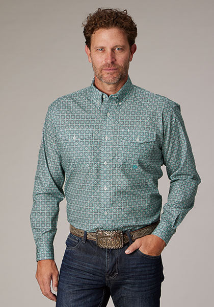 CL03-001-0325-4030 Roper Shirt L/S Button Grey/Teal Print