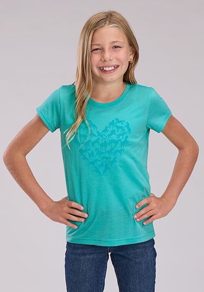 CL03-009-0513-4096 Teal Girls Roper S/S Tee Heart shape Horses Print