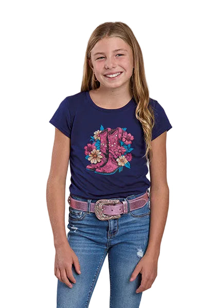 CL03-009-0513-5056 Girls Roper Tshirt "Flowers and Cowboy Boots" Navy