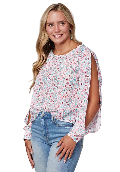 CL03-050-0590-4010 Women's Roper Shirt w/ Split Sleeve Aztec Print