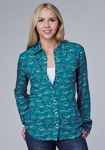 CL03-500-0590-4021-L-Teal Women's Many Hats Print Rayon Cardigan