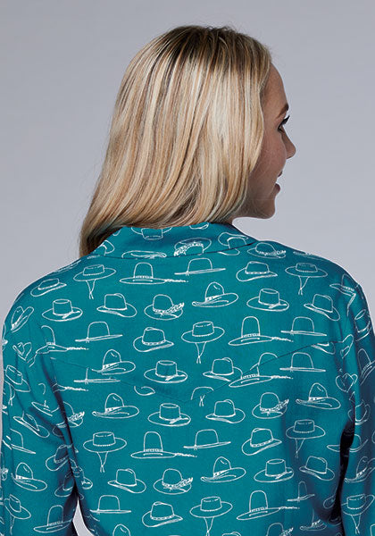 CL03-500-0590-4021-L-Teal Women's Many Hats Print Rayon Cardigan