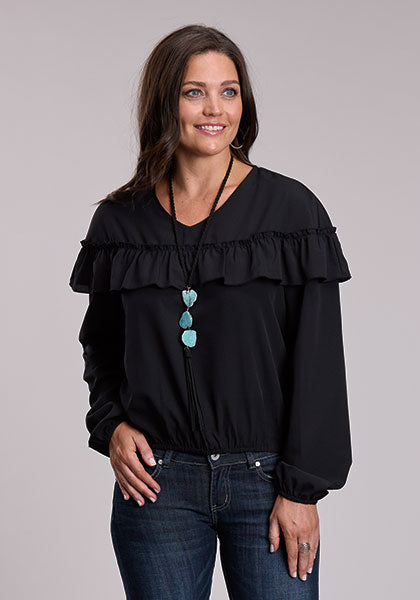 CL03-050-0592-4096- Ladies L/S Black Crepe Rounded V Neck Blouse