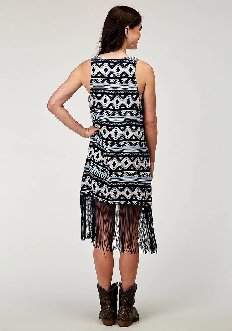 CL03-074-0590-2063-Navy Ladies Aztec Print Vest With Fringe