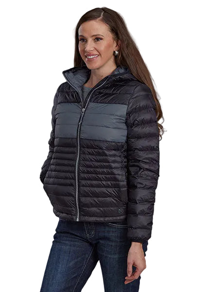 CL03-098-0393-6002 Ladies Roper Nylon Down Coat w/Hood - Black/Blue