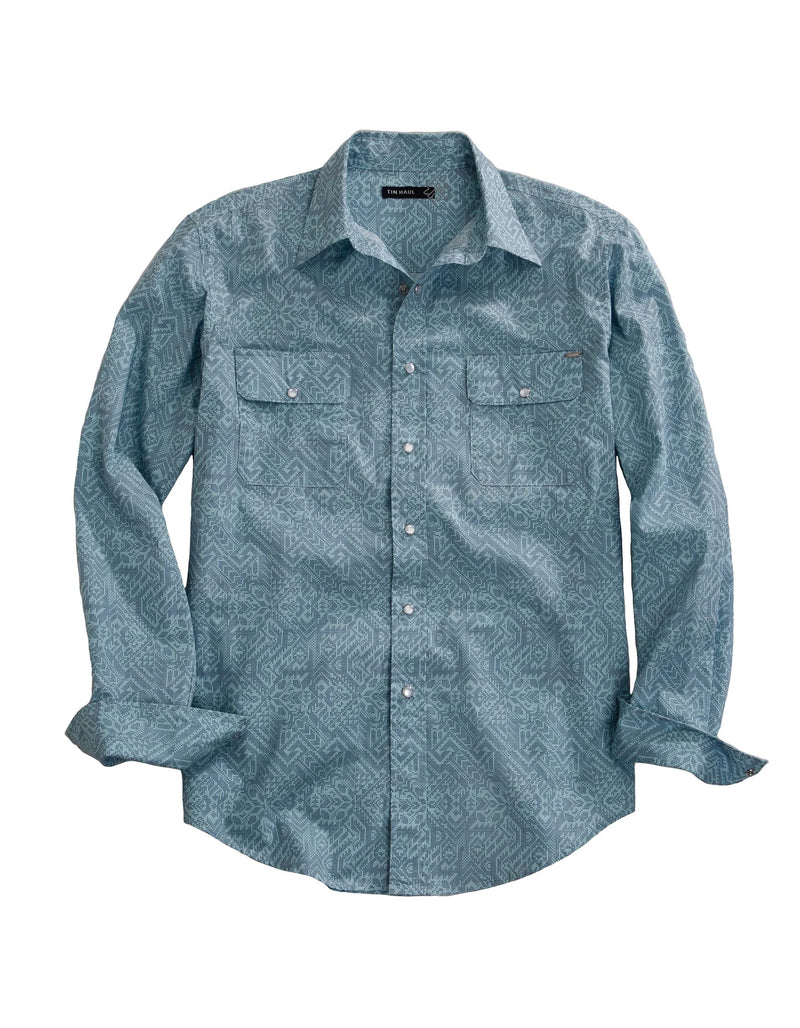 CL10-001-0064-0474-S-Blue Mens Tin Haul  L/S Snaps Matrix Aztec Print