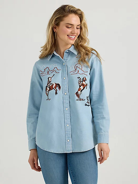 CL112344683 Wrangler Ladies  L/S Denim Snap Horse Embroider