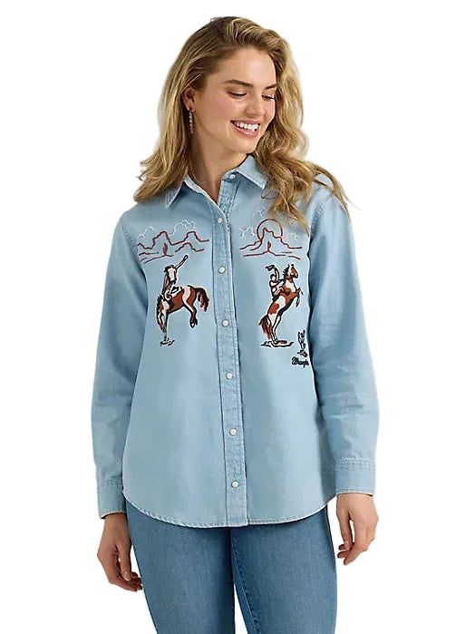 CL112344683 Wrangler Ladies L/S Denim Snap Horse Embroider