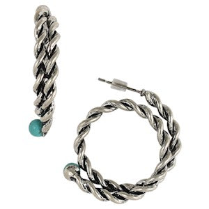 BG22059EJ1 Earrings-Twisted Wire hoops w/Faux Turq Stone