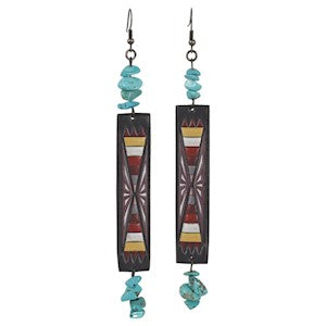 BG22189EJ2 Earrings-Leather w/Aztec Print & Turquoise Nuggets