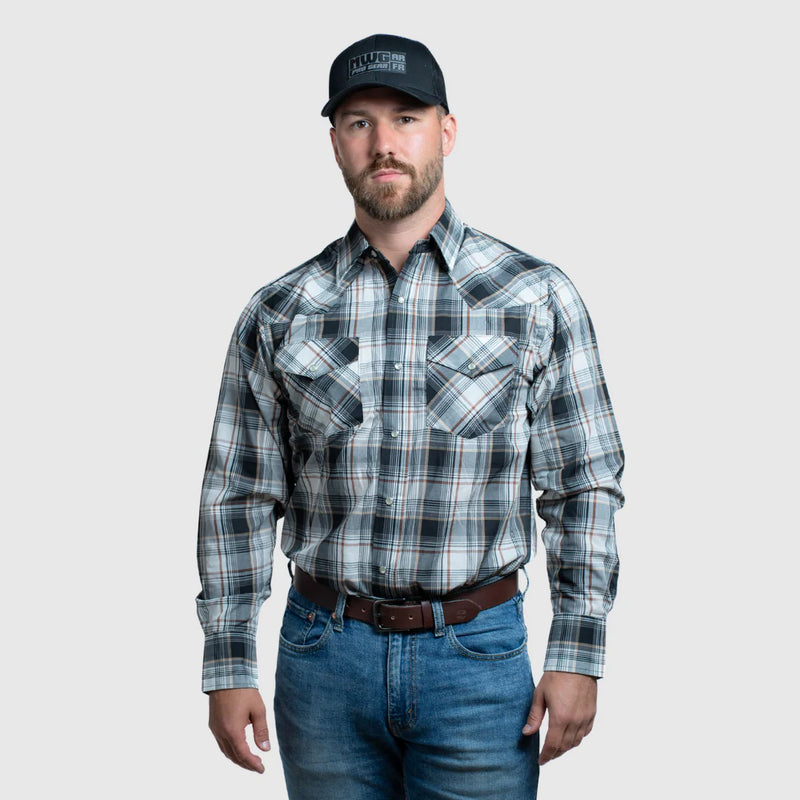 CLI30D02 BkOrg MWG Mens L/S Snap Shirt - Plaid