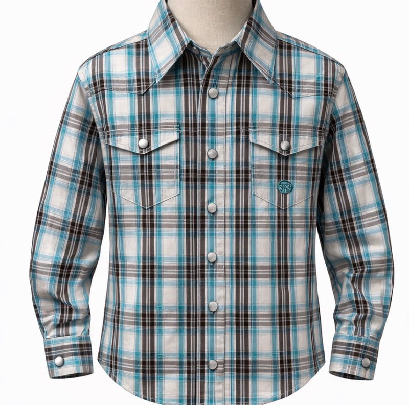 CL03-030-0278-4051 Boys Roper Shirt L/S Snap - Plaid TL/Gry/Wht