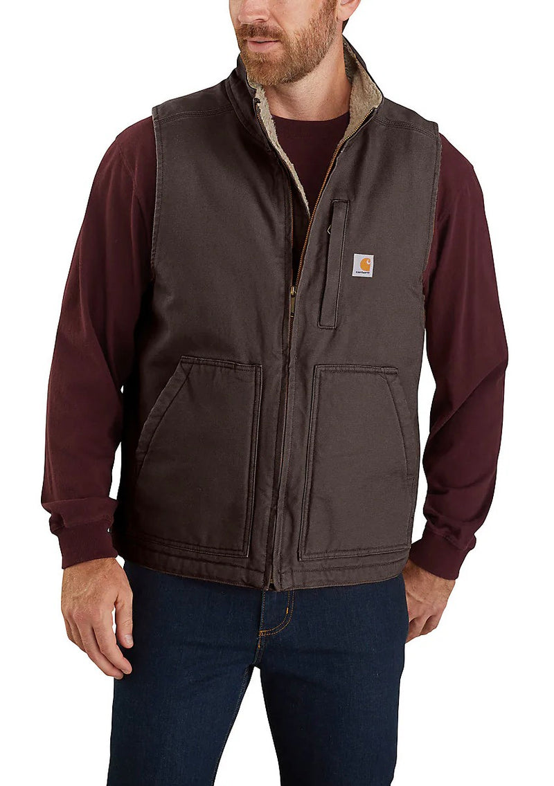 CL104277-Dk Brn Vest Carhartt Wash Duck Mock Neck Sherpa Lined
