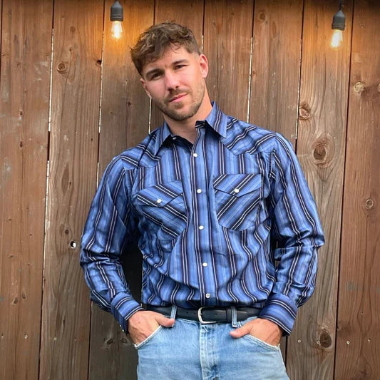CLI30D01-M-Blue MWG Mens L/S Snap Shirt - Stripe