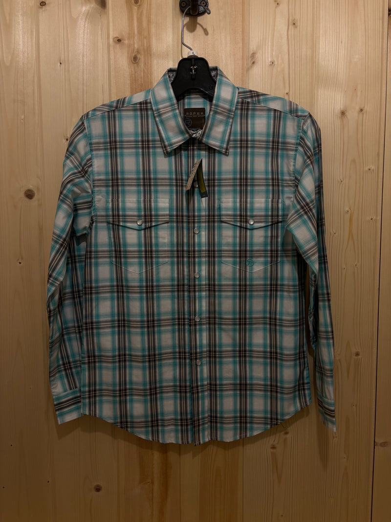 CL03-030-0278-4051 Boys Roper Shirt L/S Snap - Plaid TL/Gry/Wht