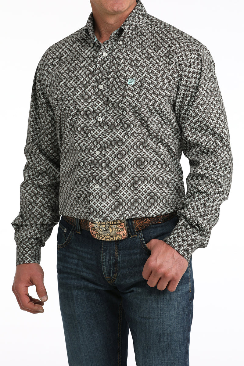 CLWT1106064 Mens Cinch L/S Pattern Chocolate/Aqua Brown