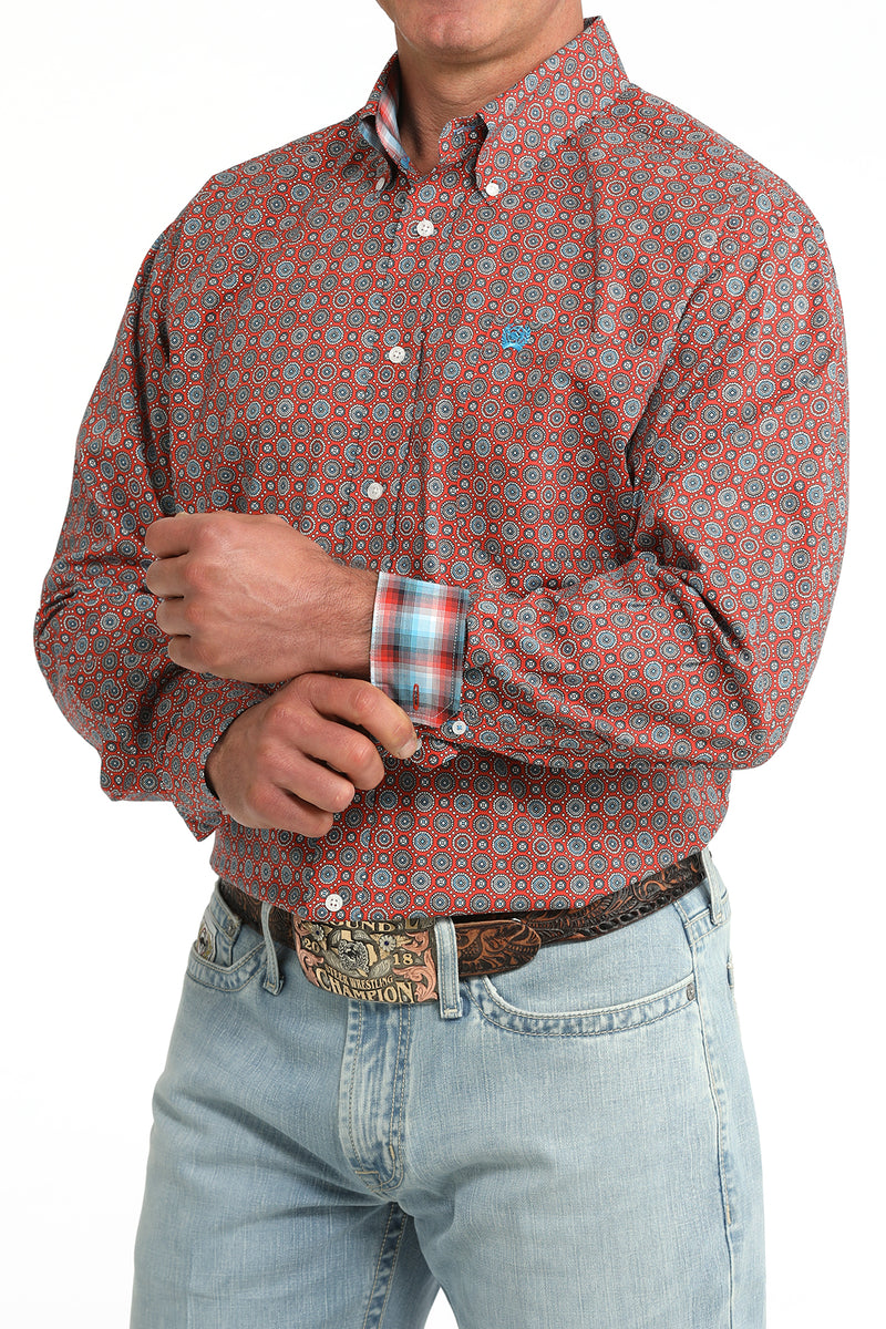 CLMTW1106097 Cinch Mens L/S Stretch Button- Red Print
