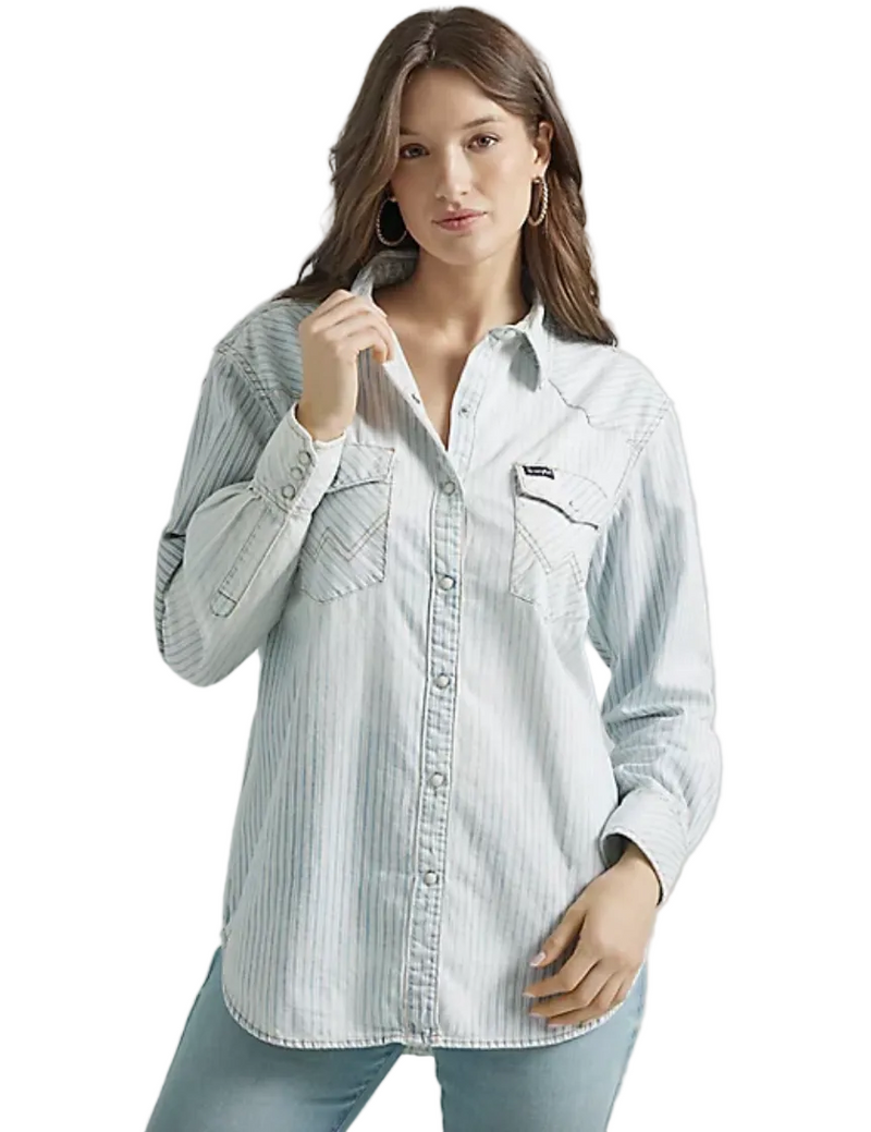CL112347209 Wht/Blu Women's Wrangler Oversized Retro Striped Denim Shirt