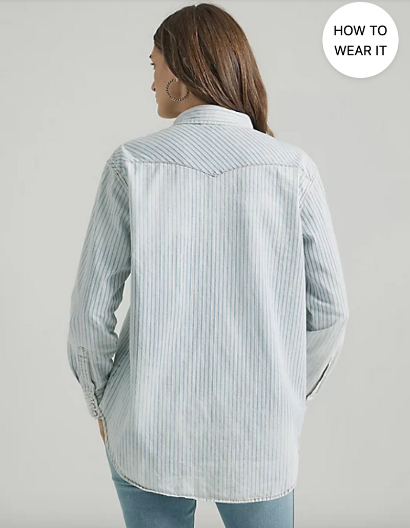 CL112347209 Wht/Blu Womens Wrangler Oversized Retro Striped Denim Shirt