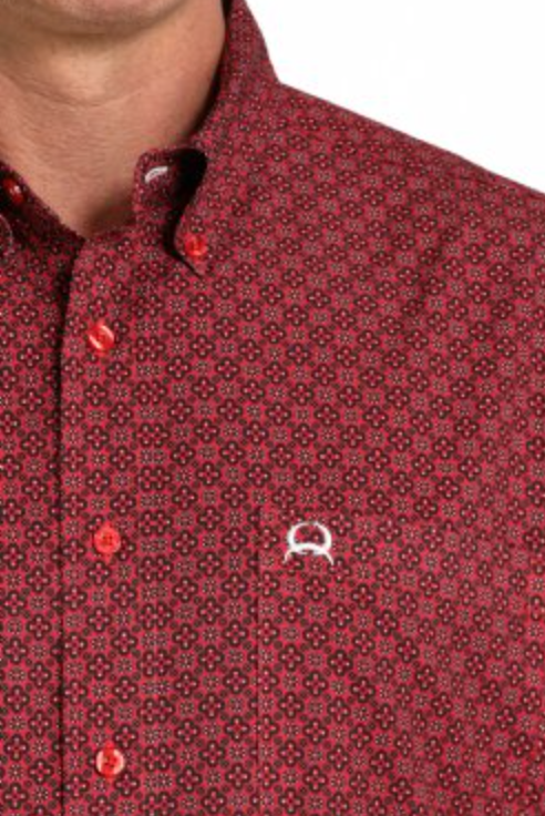 CLMTW1704155-Red Mens Cinch s/s ArenaFlex- Flower Pattern