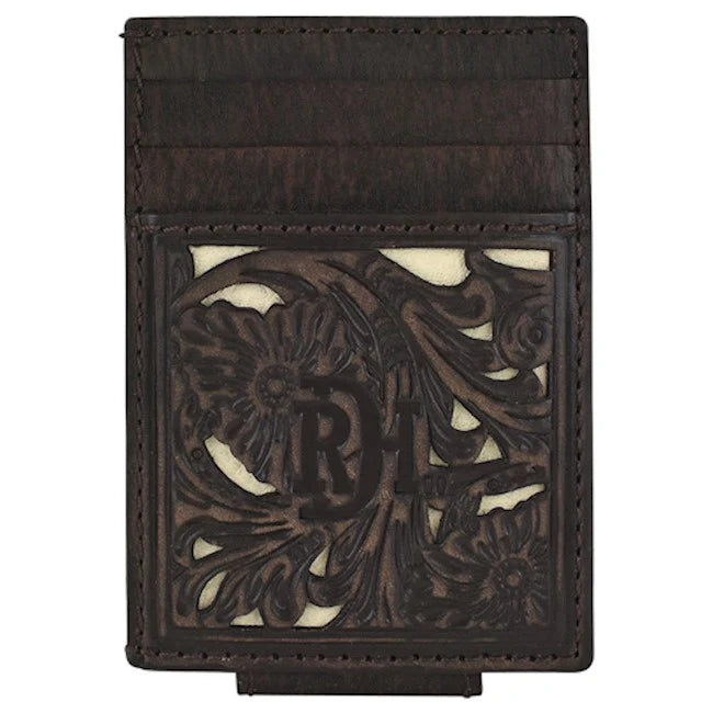 BG23111875M1 Money Clip Wallet Dark Brown Tooling w/ White Inlay