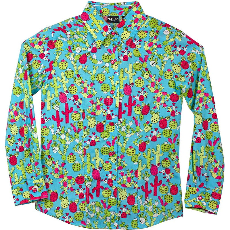 CLCTW8040004-TURQ Girls L/S Shirt Snap Cactus Print