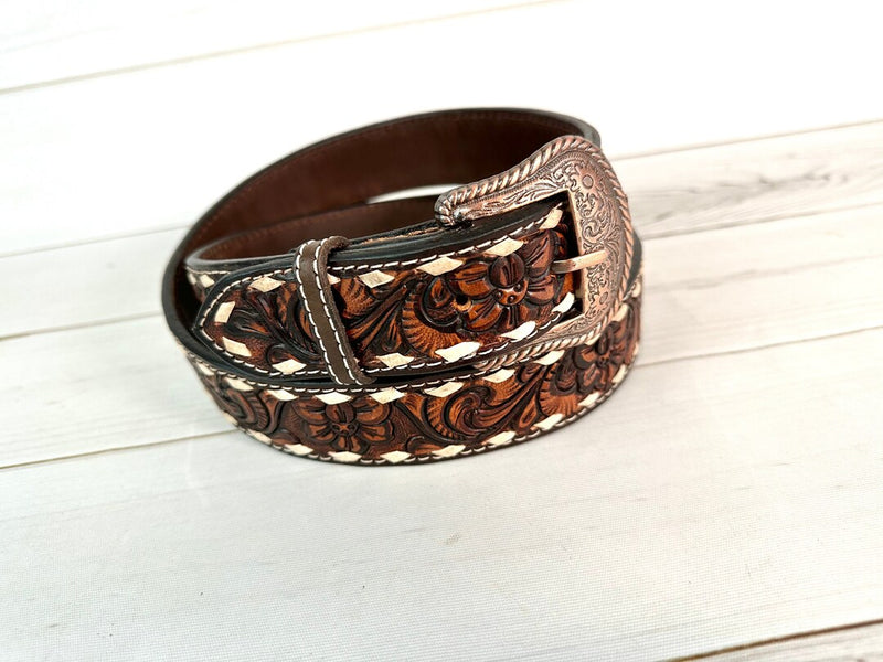 CLA1307802 Belt Boys Full Tooled floral Backing w/Wht Stitch & Buckle