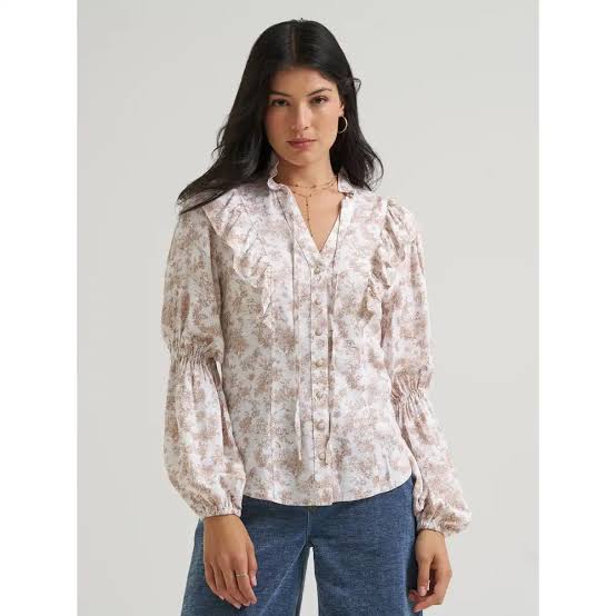 CL112382881- Wrangler Ladies Blouse Laney Wilson- Button w/ Tie- White