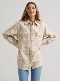 CL112383027-Wrangler Ladies Aztec Snap Shacket- Cream
