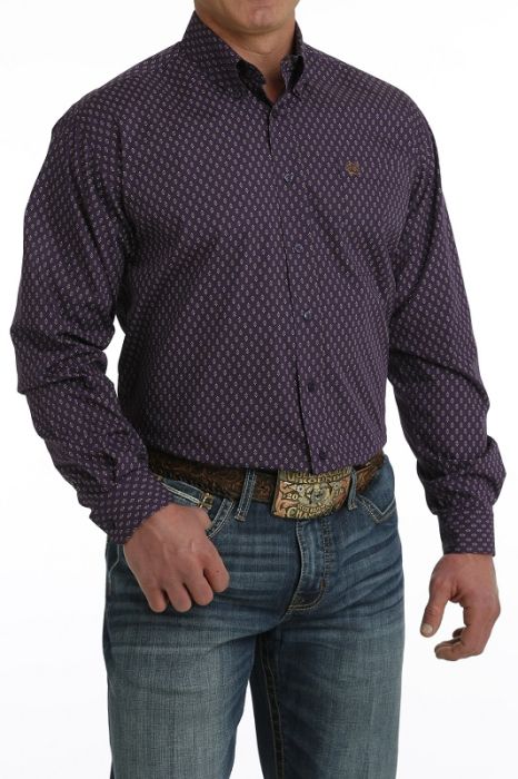 CLMTW1105634-L-Purple Men's Cinch Buttom Up Print L/S