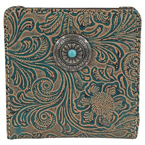 BG23055674W Justin Ladies Bifold Wallet Turquiose Tooling w/Concho