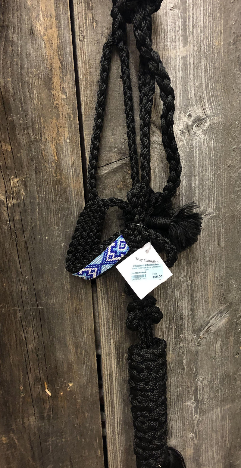 TKMT3329--Black Halter Mule Tape Rope w/Beads & Lead