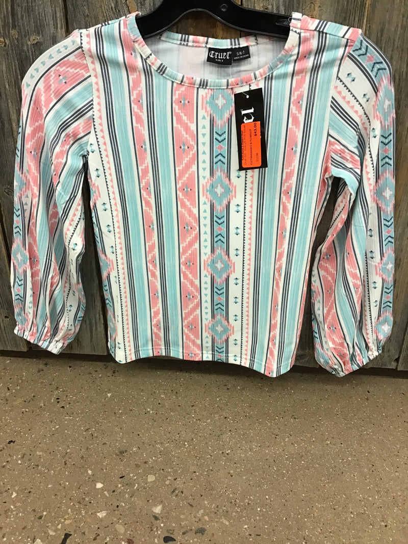 CLCTK8450002-L-Tl/Wht/P Cruel Girl - Girls L/S Print Blouse