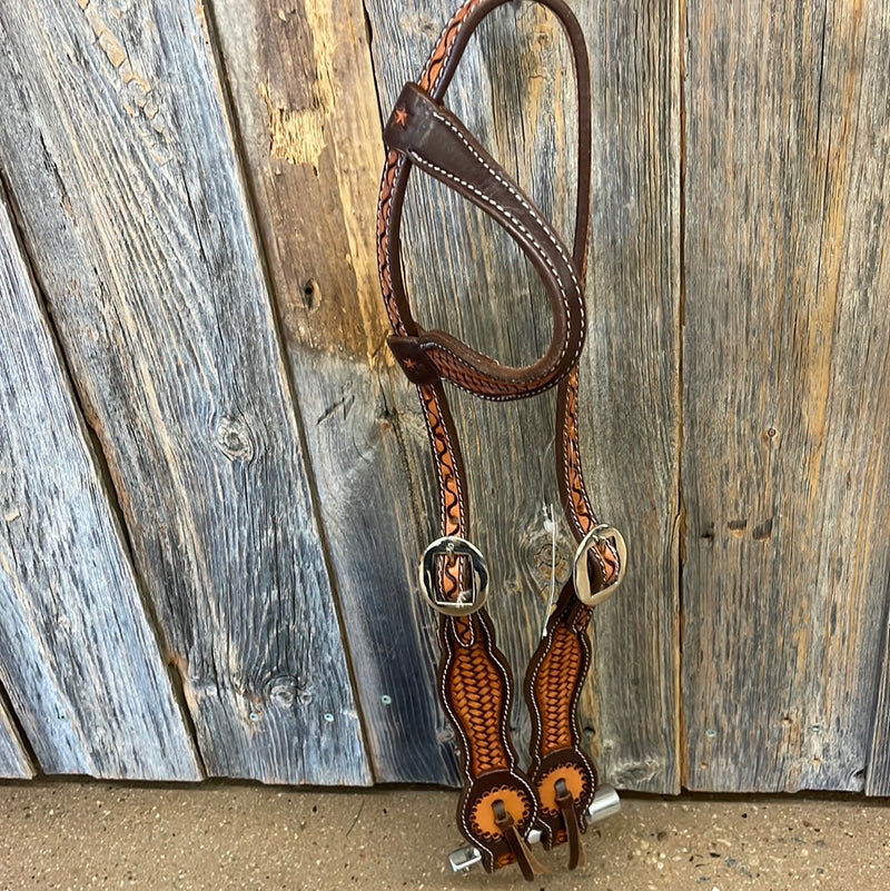 TKDZ3962 Headstall - One Ear Designer Basket Weave w/ Center Concho Two Tone