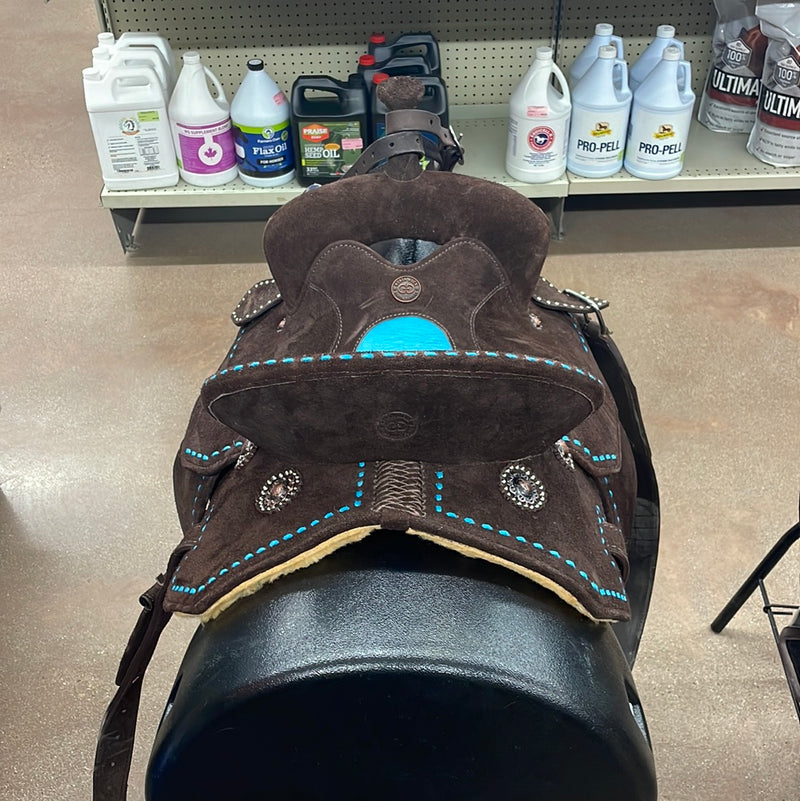 TK50032 Barrel Racing Saddle Super Lite 13" Chocolate Brown Turquiose Buckstitch/Seat