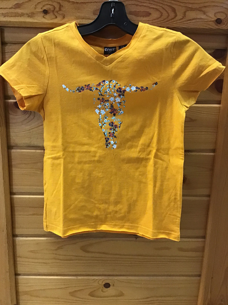 CLCTT8520001-L-Yellow T-Shirt -Cinch - Youth -  Flowered Steer Head Logo