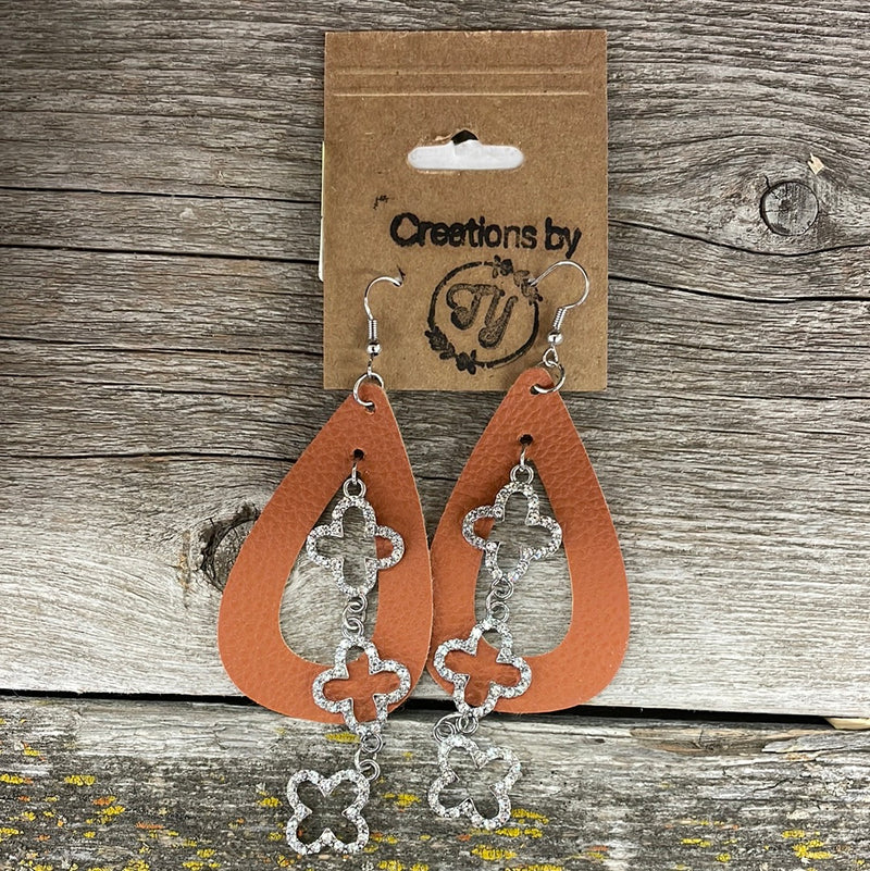 BGEARRINGTF4 Earrings Open Brown Leather & Diamond