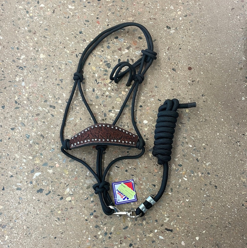 TKRH3108--Brown Rope Halter w/10' Bolt Lead & Carving Bronc Noseband