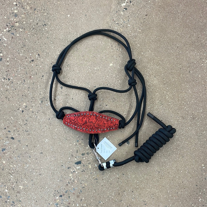 TKRH3108--Red Rope Halter w/10' Bolt Lead & Carving Bronc Noseband