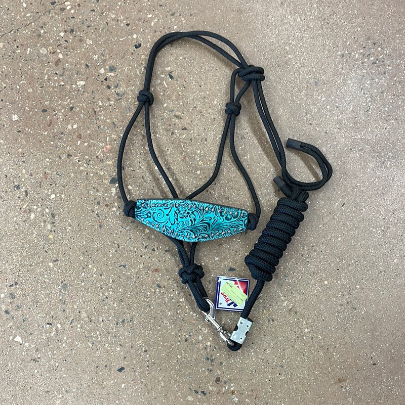 TKRH3108--Turquoise Rope Halter w/10' Bolt Lead & Carving Bronc Noseband