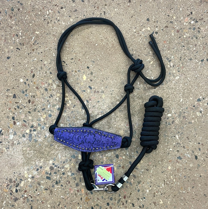 TKRH3108--Purple Rope Halter w/10' Bolt Lead & Carving Bronc Noseband