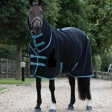 TKPF3022-BKTQ-78"-Blk/Teal Full Neck Blanket w/ Leg Straps & Inside Circingle