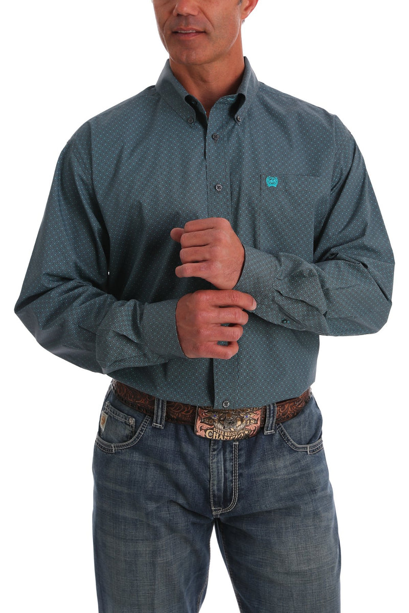 CLMTW1105037-M-Teal Cinch Shirt MENS L/S Print