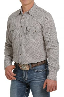 CLMTW1301052 Mens L/S  Snap Cream Brown Print