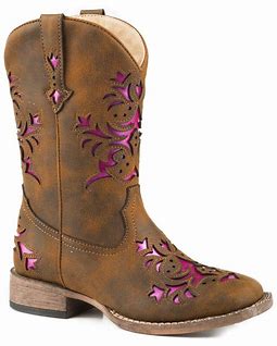 CL09-018-1903-2133-10-Brown Cowboy Boot Girls "Lola" Pink Cutout